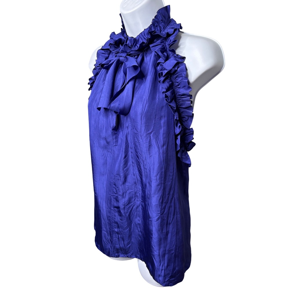 ROBERT RODRIGUEZ Womens Blue 100% Silk Ruffle Tie Neck Halter Blouse 2 Coquette